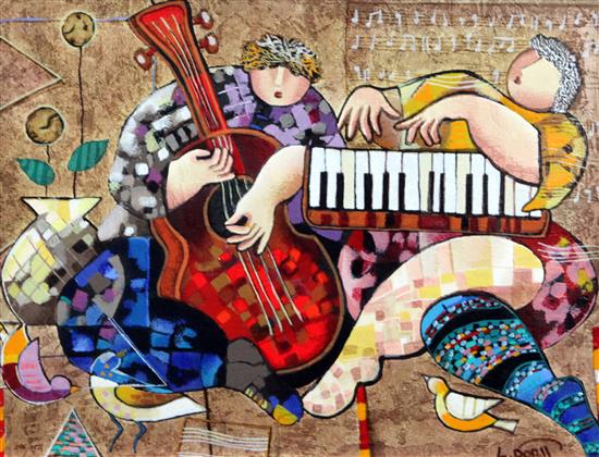 Dorit Levi (b.1952) Jazz Dancers and Folklore, 14 x 18.5in.